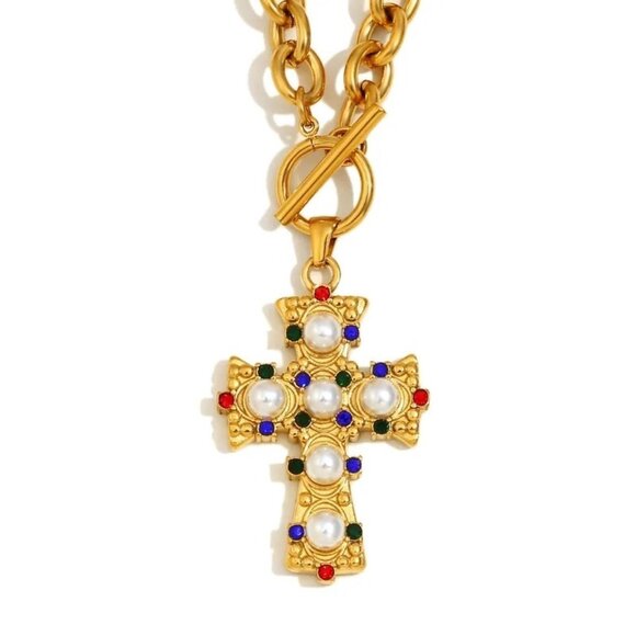 Jeweled Cross Pendant Necklace 18K Gold Plated Toggle Clasp Heavy Quality New - Picture 1 of 7